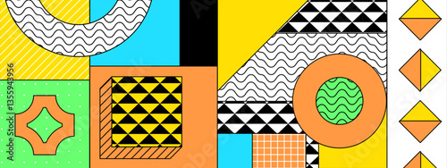 colorful abstract composition featuring geometric shapes and various patterns dynamic design memphis vector illustration