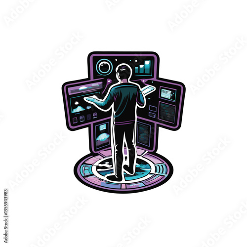 A futuristic individual seamlessly interacts with a vibrant, detailed holographic projection, manipulating data with hand gestures.