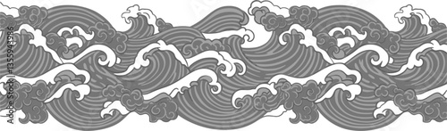 asian wave border. cloud pattern tile. water sea waves vector set