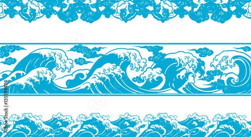 asian wave border. cloud pattern tile. water sea waves vector set