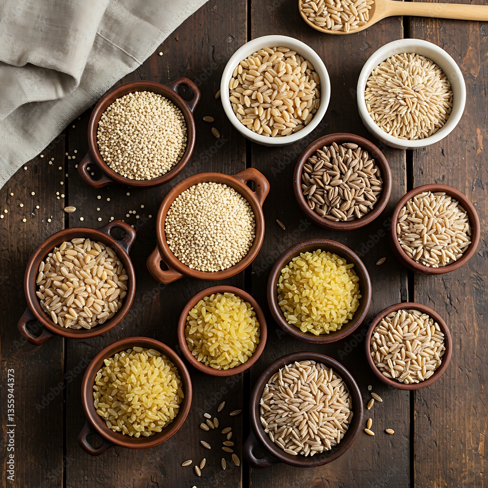 Variety of Grains and Seeds in Rustic Bowls: A Harvest Still Life Variety of Grains and Seeds in Rustic Bowls: A Harvest Still Life