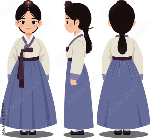 Traditional Korean girl in a vibrant hanbok dress showcasing flat, minimal style with three angles in vector illustration