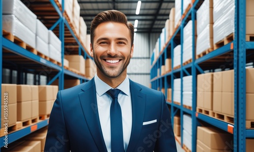 Confident businessman in modern warehouse with boxed inventory shelves
