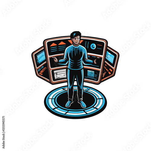 A futuristic person interacts with a vibrant, detailed holographic interface, manipulating data streams with hand gestures.