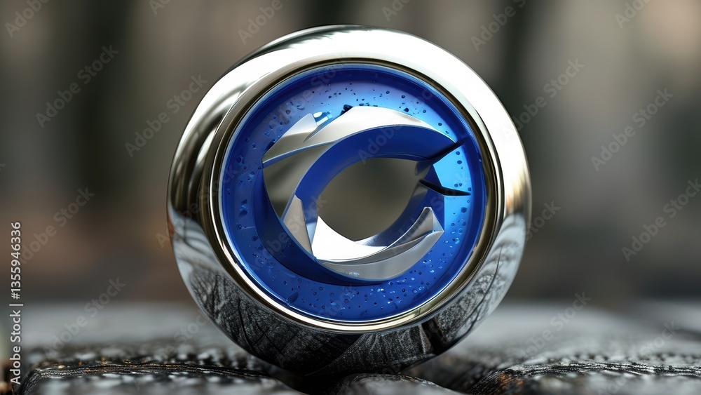 A shiny chrome logo with a blue and silver design. A shiny chrome logo with a blue and silver design.