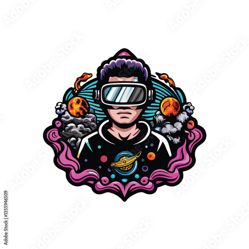 A person immersed in a VR headset, digitally surrounded by three dynamic, abstract, geometric digital sculptures.