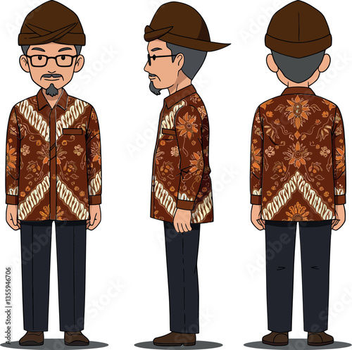 Traditional Indonesian man dressed in intricate batik attire, showcasing a flat design style in vibrant colors, vector illustration