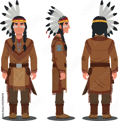Native American man in traditional attire showcasing detailed flat vector art with cultural elements, expressing pride and heritage in a three-quarter view