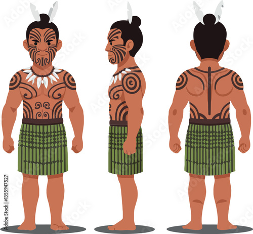 Male figure showcasing intricate tribal tattoos in a flat design style, standing confidently with a green skirt, displayed in detailed vector art