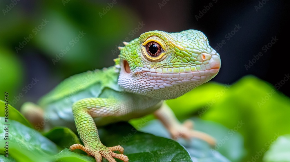 Fototapeta premium Chinese water dragon is resting on green leaves