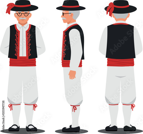 Traditional elderly man in folk costume, showcasing detailed attire with vibrant colors and accessories, flat vector illustration