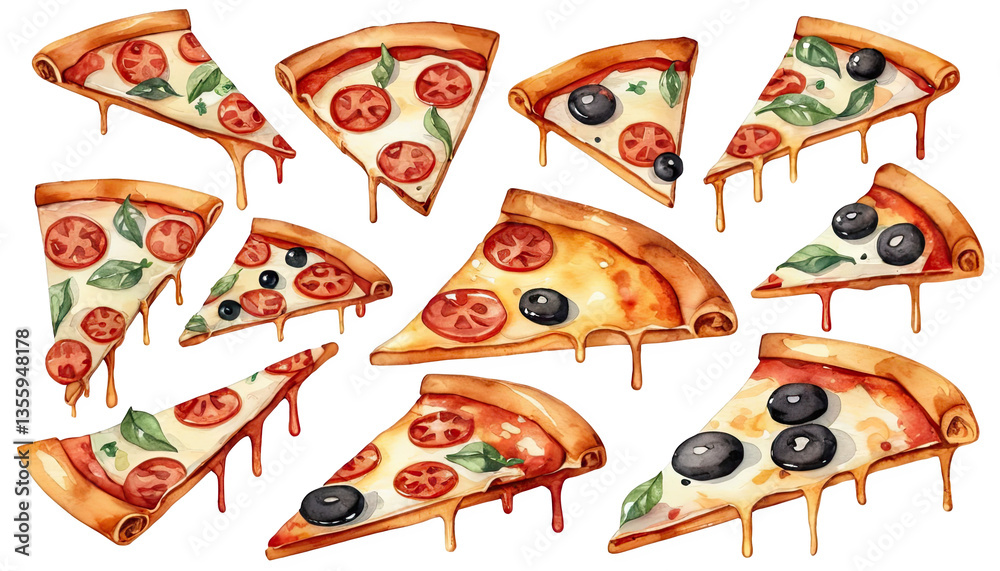 Naklejka premium Watercolor Pizza Slices with Melted Cheese and Toppings
