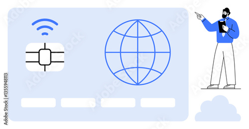 NFC chip and globe represent global digital transactions, guided by professional figure. Ideal for technology, fintech, global trade, education, innovation, business strategy connectivity. Flat