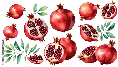Watercolor Pomegranates with Green Leaves on Transparent Background
