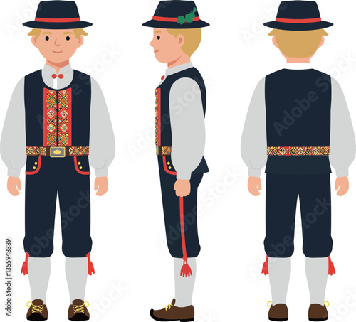 Young boy in traditional Norwegian costume showcasing multiple views in a flat vector illustration style, highlighting intricate details and vibrant colors in cultural attire vector art