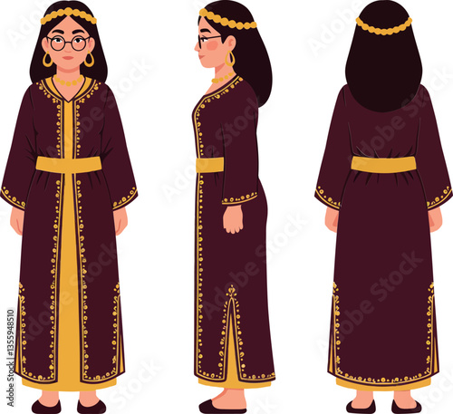 A woman in traditional attire showcasing elegance in a flat design style with rich colors and intricate details in vector art