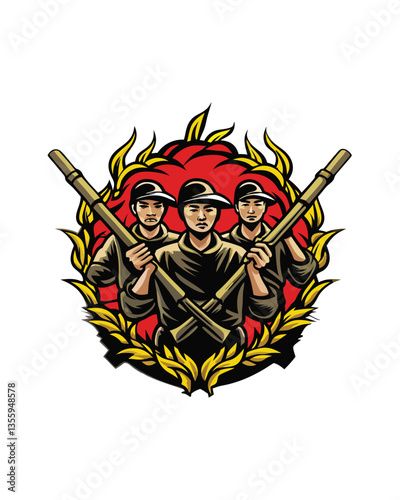 A powerful image depicting the Indonesian struggle for independence; showcasing courageous fighters, weaponry, and evocative landscape details.