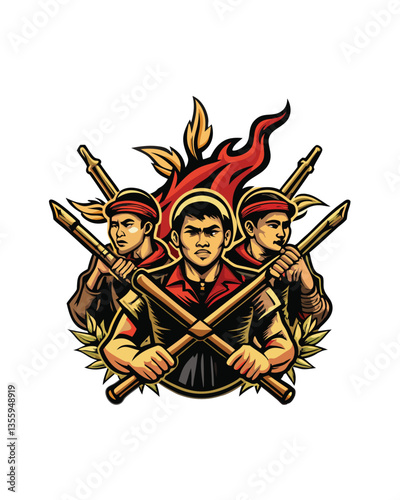 A powerful, evocative image depicting Indonesian patriots bravely fighting for independence; showcasing their resilience and determination during the struggle.