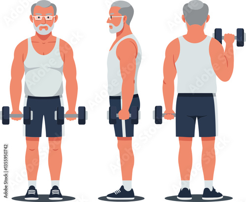 Senior man lifting weights in a flat design style, showcasing strength, fitness journey, and determination in vector art