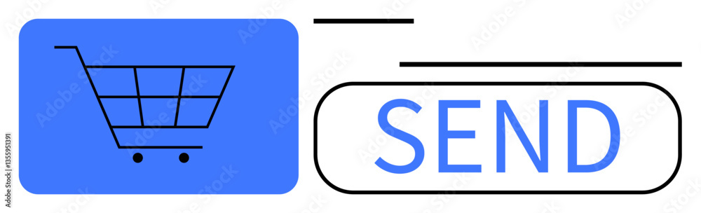 Shopping cart icon next to a send button portrays e-commerce, checkout process, or online purchase. Ideal for online shopping, e-commerce, transactions, delivery, payments, retail communication Shopping cart icon next to a send button portrays e-commerce, checkout process, or online purchase. Ideal for online shopping, e-commerce, transactions, delivery, payments, retail communication