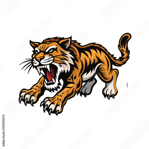 A dynamic depiction of a Smilodon fatalis, saber-toothed cat, in mid-leap, showcasing its powerful muscles and impressive canines.  Show its ferocious expression.