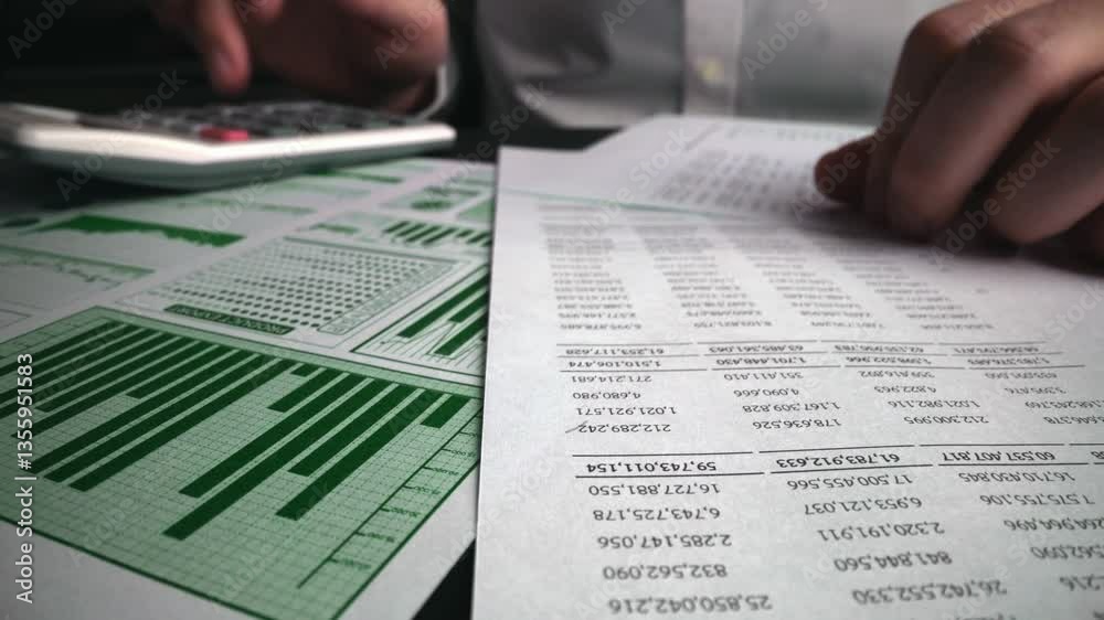 Accountant analyzing business marketing data on paper dashboard at office table. Corporate finance and money accounting concept.