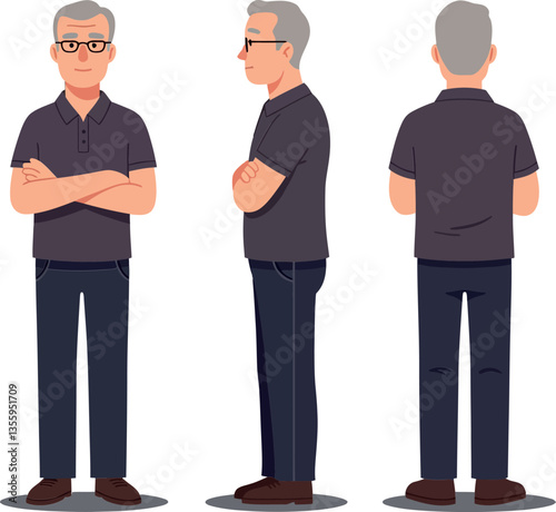Male character in three poses showcasing a flat design style with a confident expression in vector art