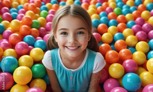 Joyful girl in vibrant ball pit with colorful balls and happy smile