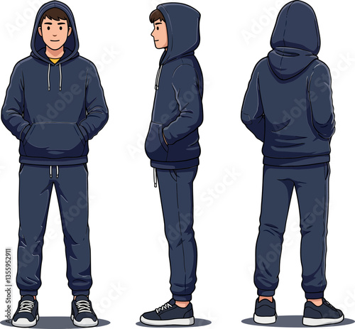 Casual young man wearing a dark hoodie and sweatpants in a minimal vector illustration showcasing multiple angles and relaxed posture in a contemporary setting vector art