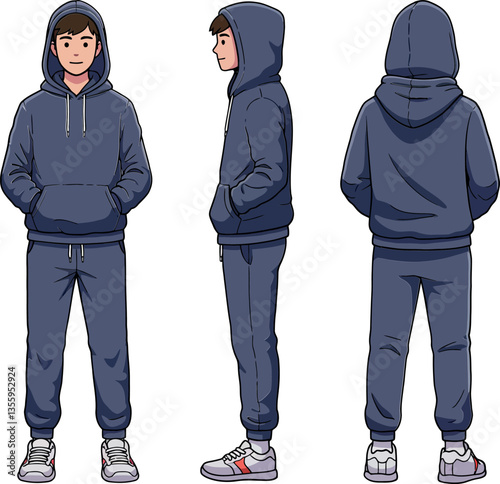 Young man in casual hoodie and joggers showcasing three views in a flat, minimal design vector illustration