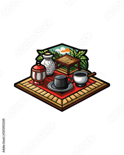 A serene Japanese tea ceremony unfolds, showcasing intricate details of the setting, utensils, and the peaceful demeanor of the participants.  Focus on the calming atmosphere.