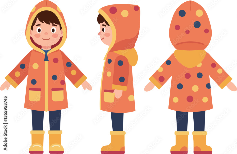 Fototapeta premium Cheerful child in polka-dotted raincoat and boots, standing in three views, minimal and colorful design, vector illustration