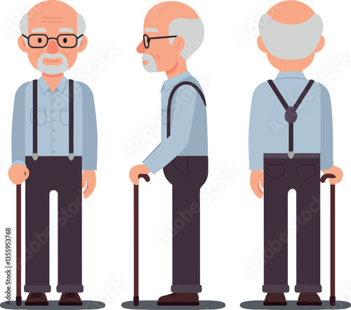 Elderly man with glasses and suspenders, holding a cane, depicted in flat vector art style from multiple angles, showcasing personality and charm in a friendly atmosphere