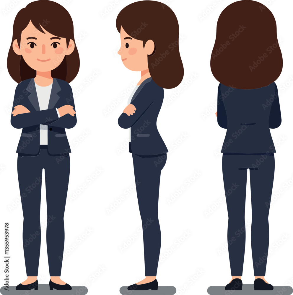 Confident businesswoman in three poses wearing a navy suit, minimal vector illustration showcasing professionalism and poise in a clean design style, vector art Confident businesswoman in three poses wearing a navy suit, minimal vector illustration showcasing professionalism and poise in a clean design style, vector art