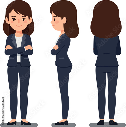 Confident businesswoman in three poses wearing a navy suit, minimal vector illustration showcasing professionalism and poise in a clean design style, vector art