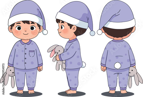 Playful young boy wearing cute purple pajamas and a matching hat, holding a soft toy bunny, depicted in a flat and colorful vector illustration