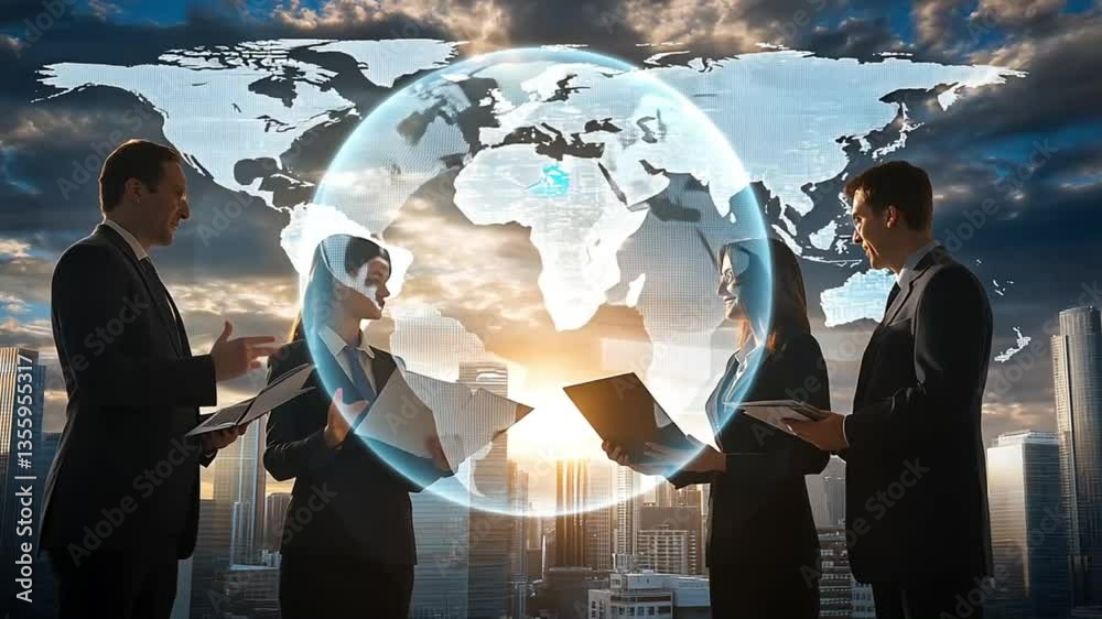 Business people discuss global solutions in city skyline
