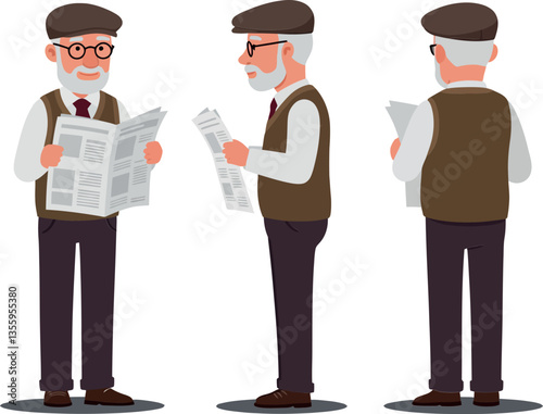 Elderly man with glasses wearing a cap and vest reading a newspaper in a flat vector illustration showcasing three angles of his character design