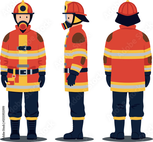 Firefighter character design in flat style showcasing details from multiple angles in vibrant colors, emphasizing bravery, readiness, and professionalism, vector illustration