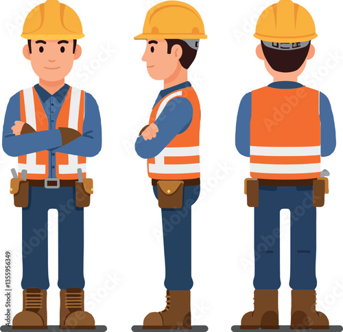 Construction worker character in flat design showcasing three views, wearing safety gear and a hard hat, exuding professionalism and readiness in vector art