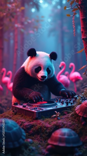 Panda at the disco among the flamingos