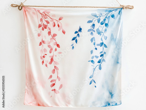 Watercolor blanket hanging rope red blue leaf branch pastel gradient soft nursery textile baby shower decor gender reveal minimal infant room botanical illustration cozy baby wrap background advert
