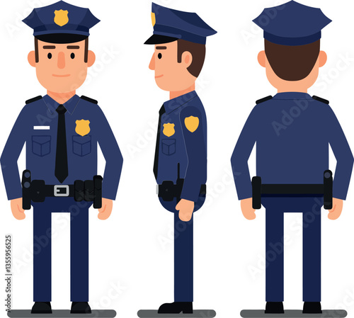 Police officer character in flat style, showcasing various angles and detailed uniform, standing confidently with a serious expression, vector illustration