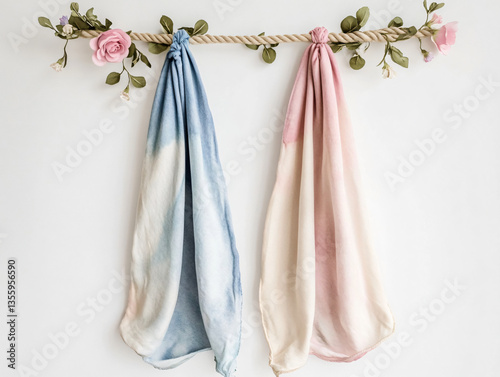Hanging muslin blankets rope rose leaf watercolor gradient soft pastel textile baby shower nursery decor newborn wrap botanical background pink blue delicate gender reveal aesthetic minimalist mockup