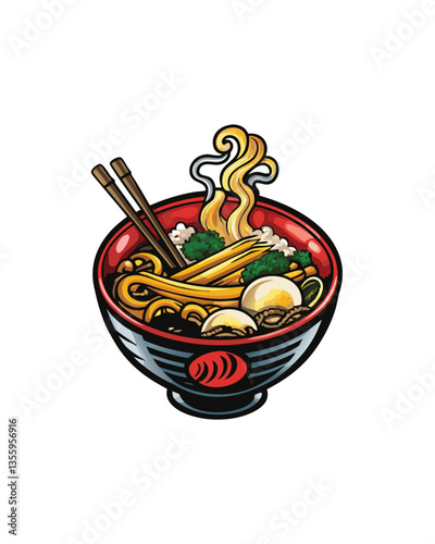 Create a vibrant, highly detailed image of a steaming bowl of ramen; showcasing rich broth, perfectly cooked noodles,  char siu pork, soft boiled egg, nori seaweed, spring onions, and menma.