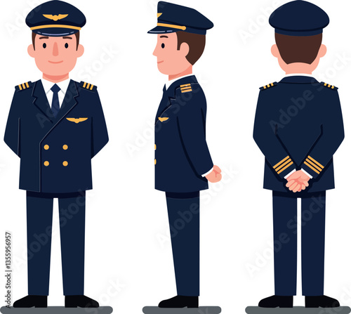 Professional pilot character in uniform showcasing flat design from multiple angles in vector illustration