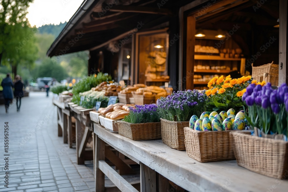Outdoor easter market stall selling bread, flowers and colorful eggs