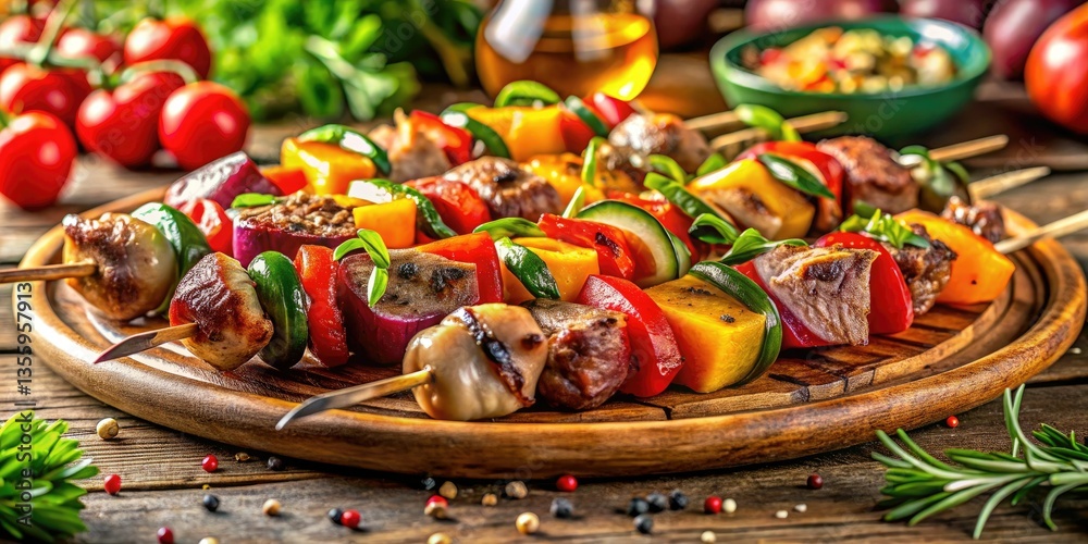 Fototapeta premium Panoramic photography showcases delightful grilled spiedini arrosto skewers.