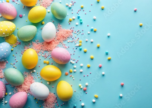 Pastel blue backdrop subtly illuminates a springy arrangement of colorful Easter eggs viewed from above.