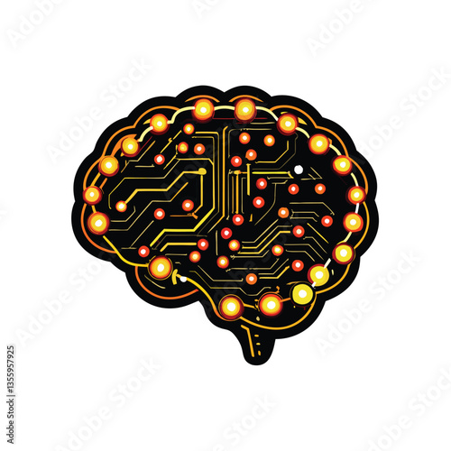 Stylized brain illustration; intricate circuit board patterns forming a brain's shape, futuristic, glowing, technological.